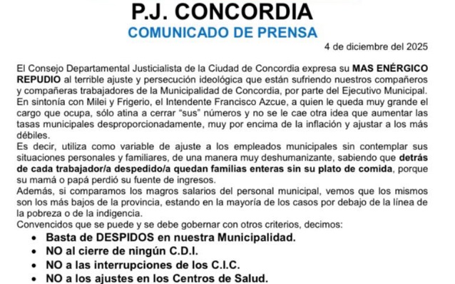 PJ Concordia exige freno a despidos y ajustes municipales